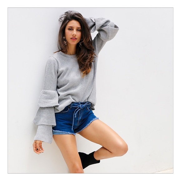 Boutique Sweaters - Gray Tiered Ruffled Bell Sleeve Sweater